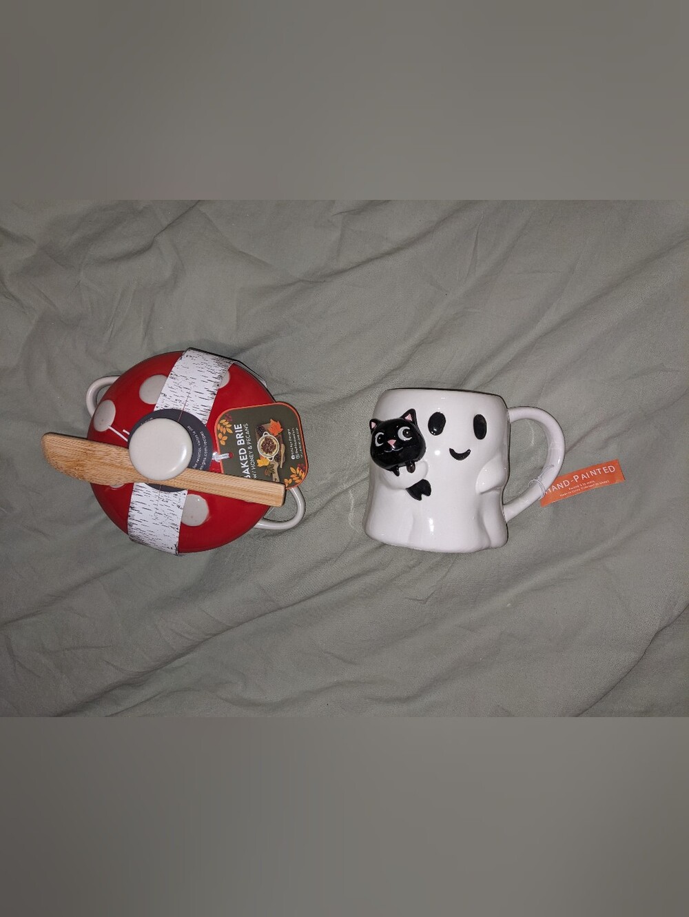 Ghost Mug with Black Cat And Mushroom Brie Baker
